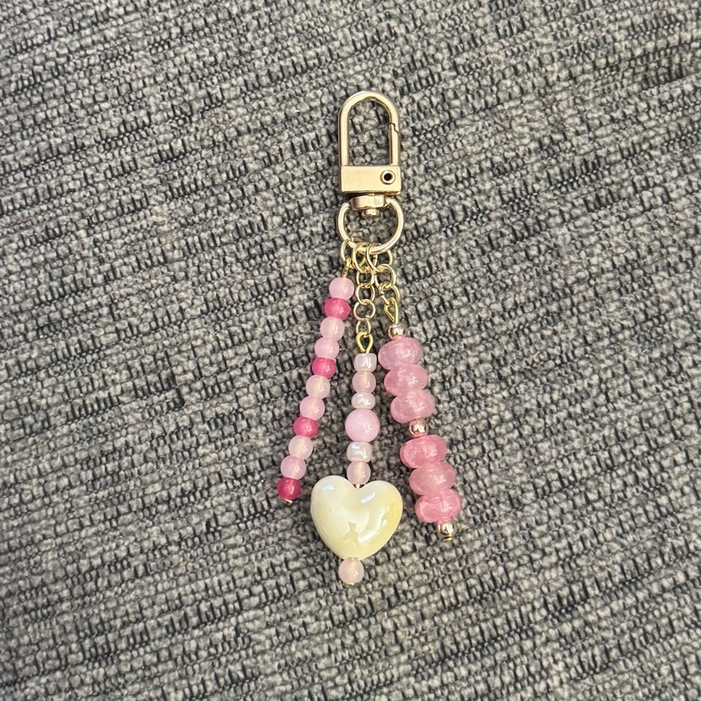 Valentines Heart Pink & Ivory Handmade Beaded Bag Charm Keychain